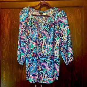 Talbots Paisley Top Blouse Tie-neck Popover Blue Size X Elastic Neckline